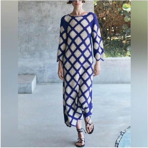 ZARA Crochet Midi Beach Maxi Kaftan Dress Patchwork Geometric Limited Edition - Picture 1 of 8
